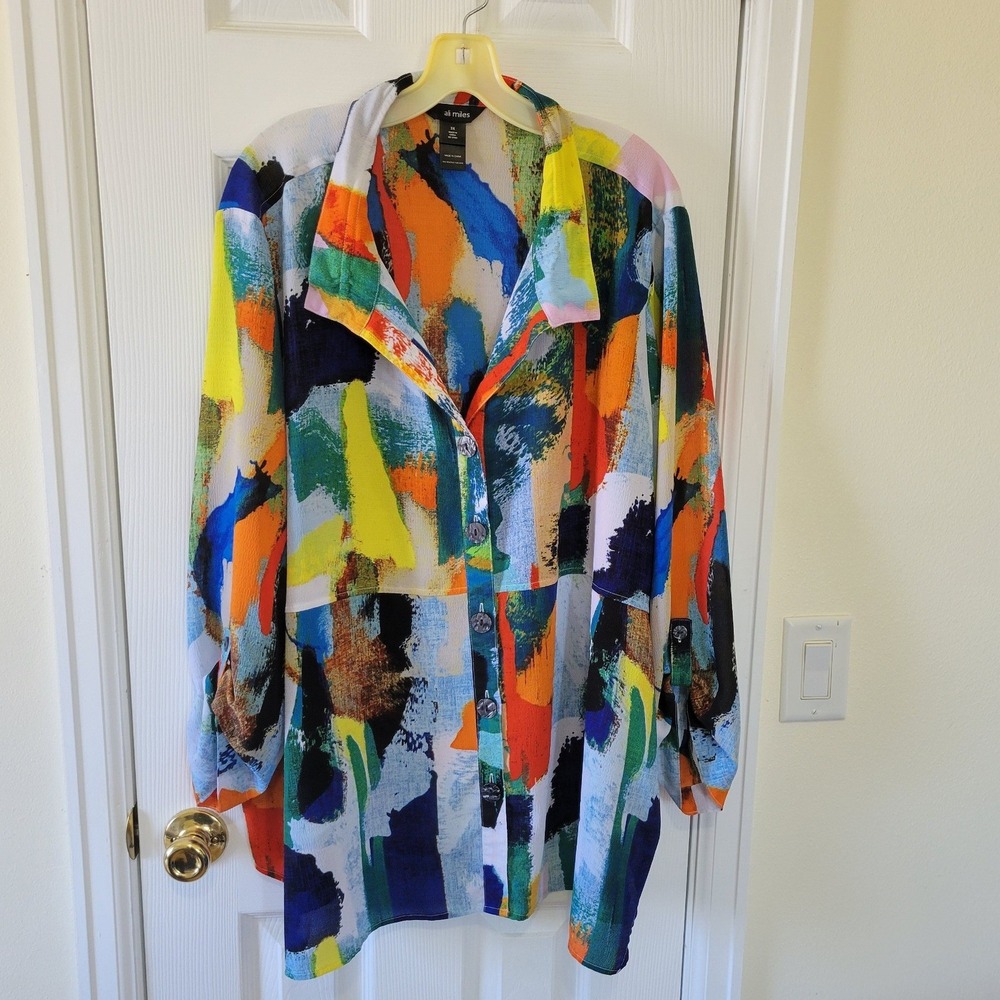 Ali Miles Women 3X Abstract Brushstroke Button Up Roll Tab Sleeve Tunic Blouse